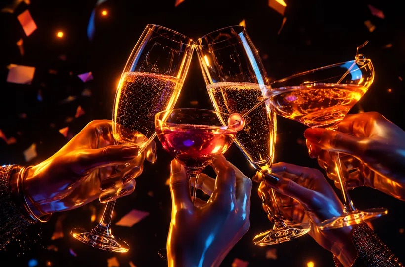 Friends cheering with drinks at a party