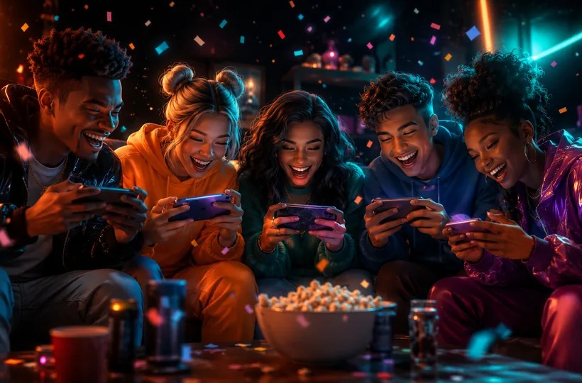 Group gathered around phones for game night